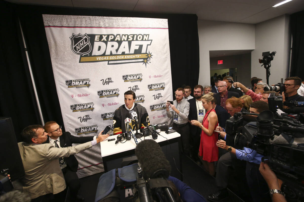 Marc-Andre Fleury is interviewed following the NHL Awards and expansion draft at the T-Mobile A ...