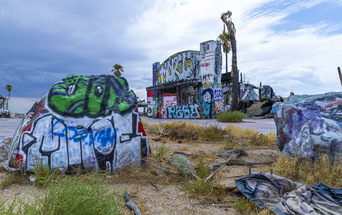 Buildings and even rocks are covered in graffiti at the former Rock-A-Hoola Water Park on Tuesd ...