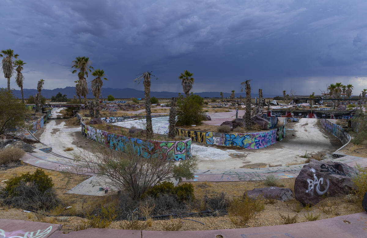 A float area is empty of water but filled with graffiti at the former Rock-A-Hoola Water Park o ...