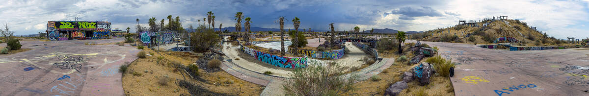 A panoramic stitched image of the former Rock-A-Hoola Water Park on Tuesday, July 23, 2024, in ...