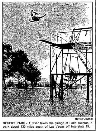 A photo of Lake Dolores from August 1989. The caption reads: "DESERT PARK - A diver takes a plu ...