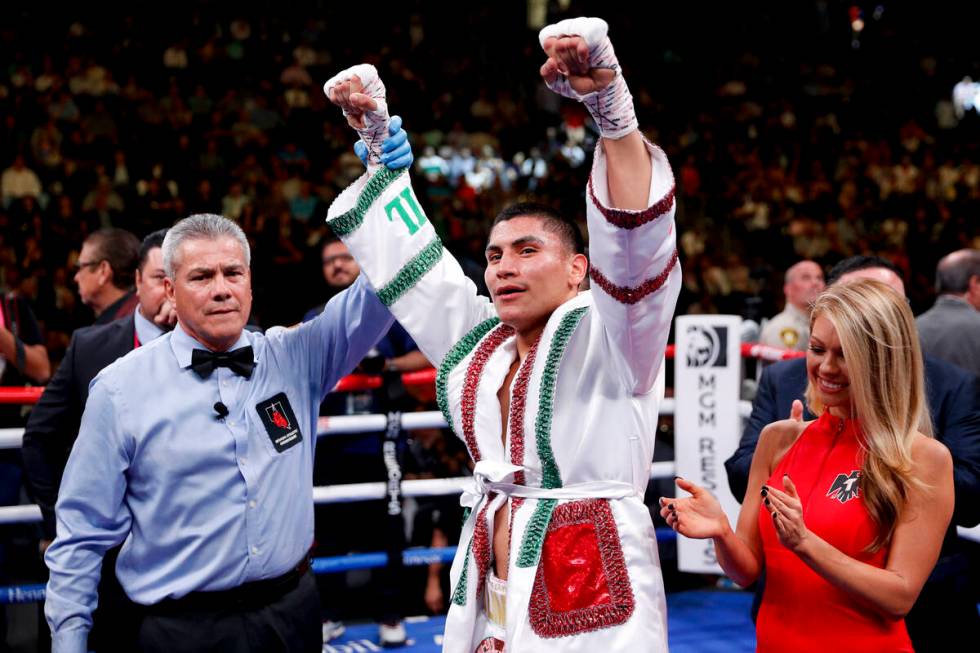 Vergil Ortiz Jr. celebrates his win against Mauricio Herrera in a welterweight boxing match Sat ...