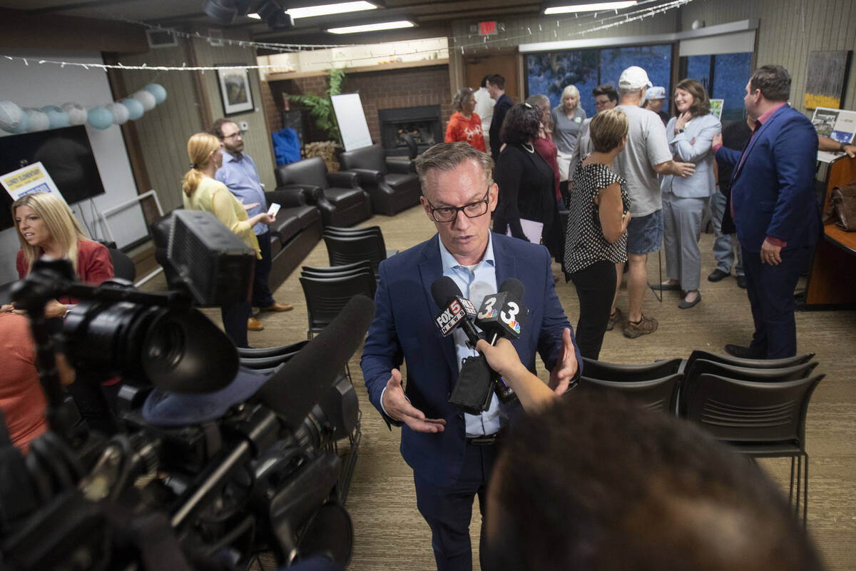 Clark County School District Chief Communications Officer Tod Story speaks to the press after a ...