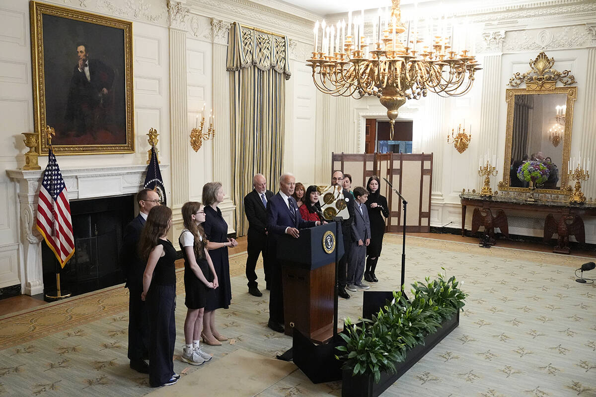 President Joe Biden delivers remarks on a prisoner swap with Russia from the State Dining Room ...