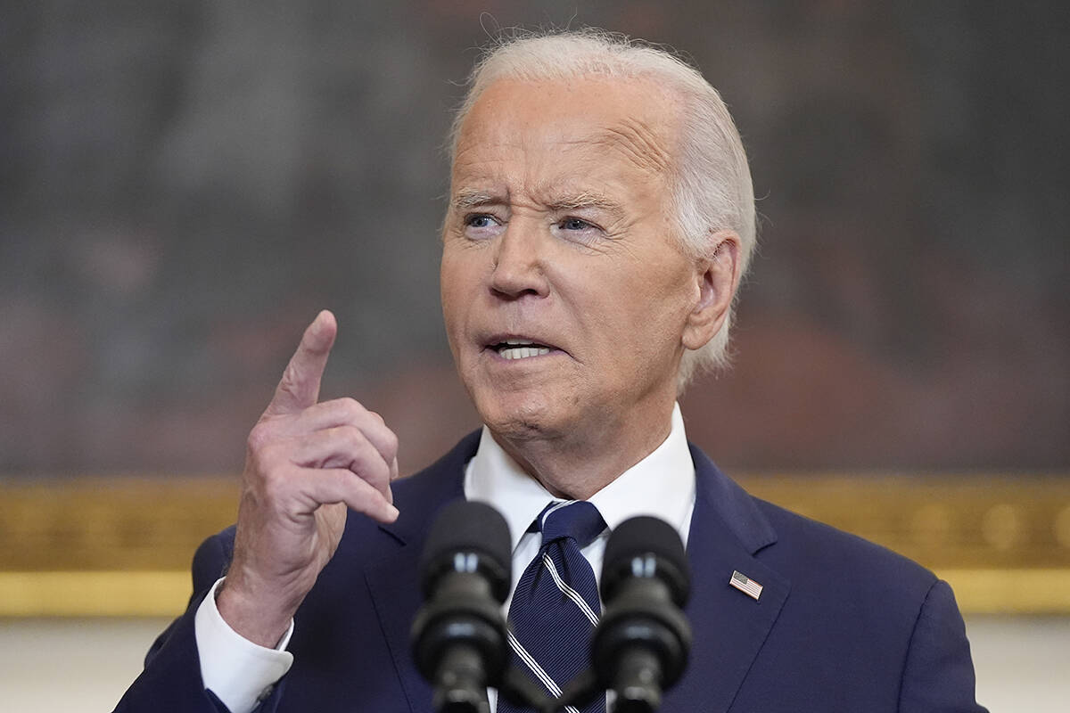 President Joe Biden delivers remarks on a prisoner swap with Russia from the State Dining Room ...