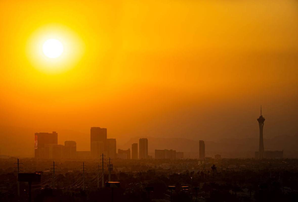 The sun shines through smoke and haze over the north end of the Strip in September 2021. In a r ...