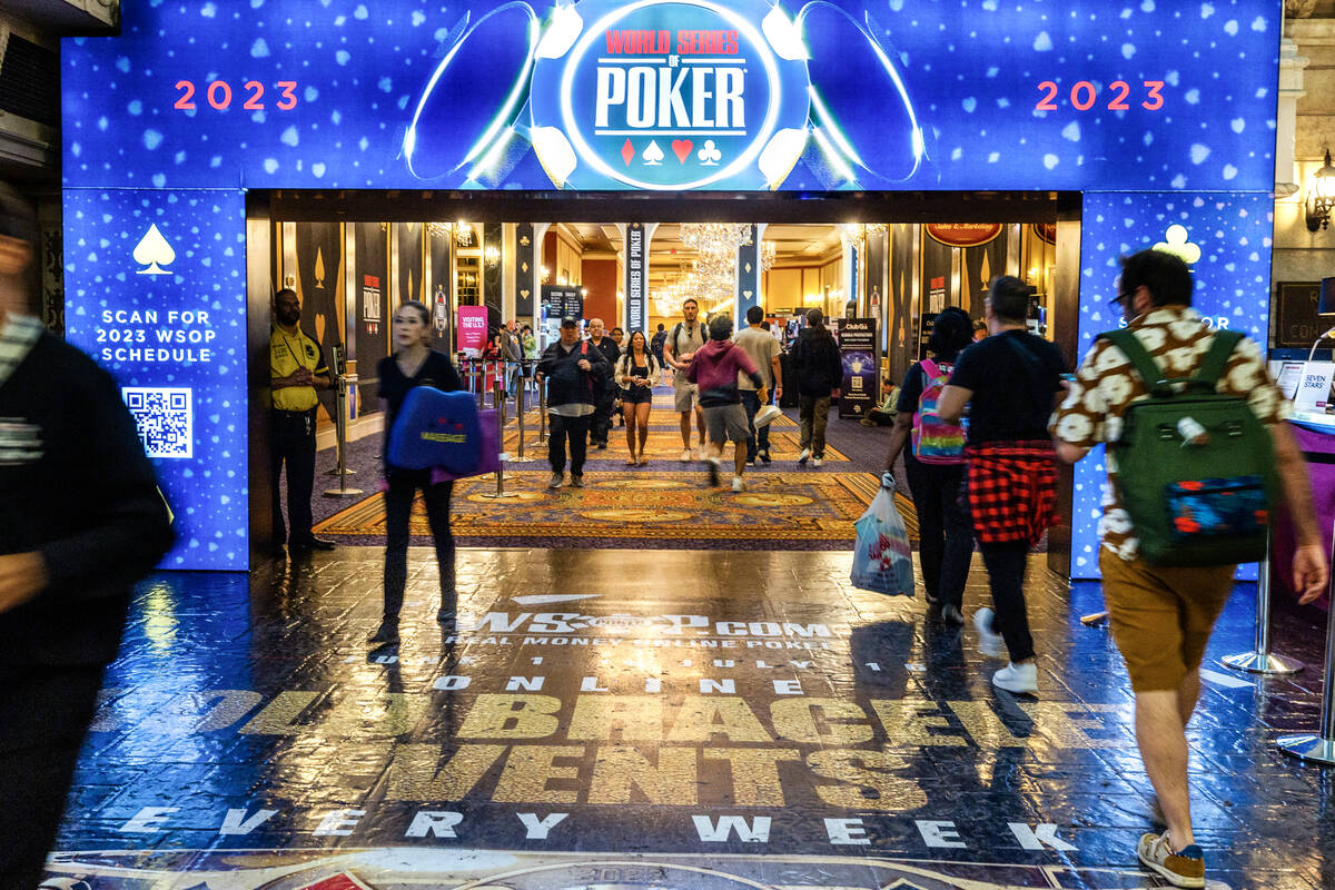 Poker players enter and leave the WSOP in the Paris on Friday, June 23, 2023, in Las Vegas. (L. ...