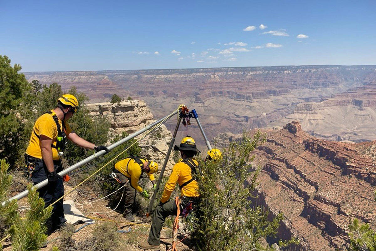 Responders manage a high angle technical rescue system in Grand Canyon National Park on July 31 ...