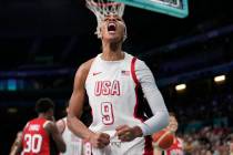 A'ja Wilson, of the Unites States, celebrates after scoring against Japan in a women's basketba ...