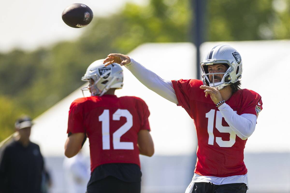 Raiders quarterback Gardner Minshew (15) gets off a pass during the third day of Raiders traini ...