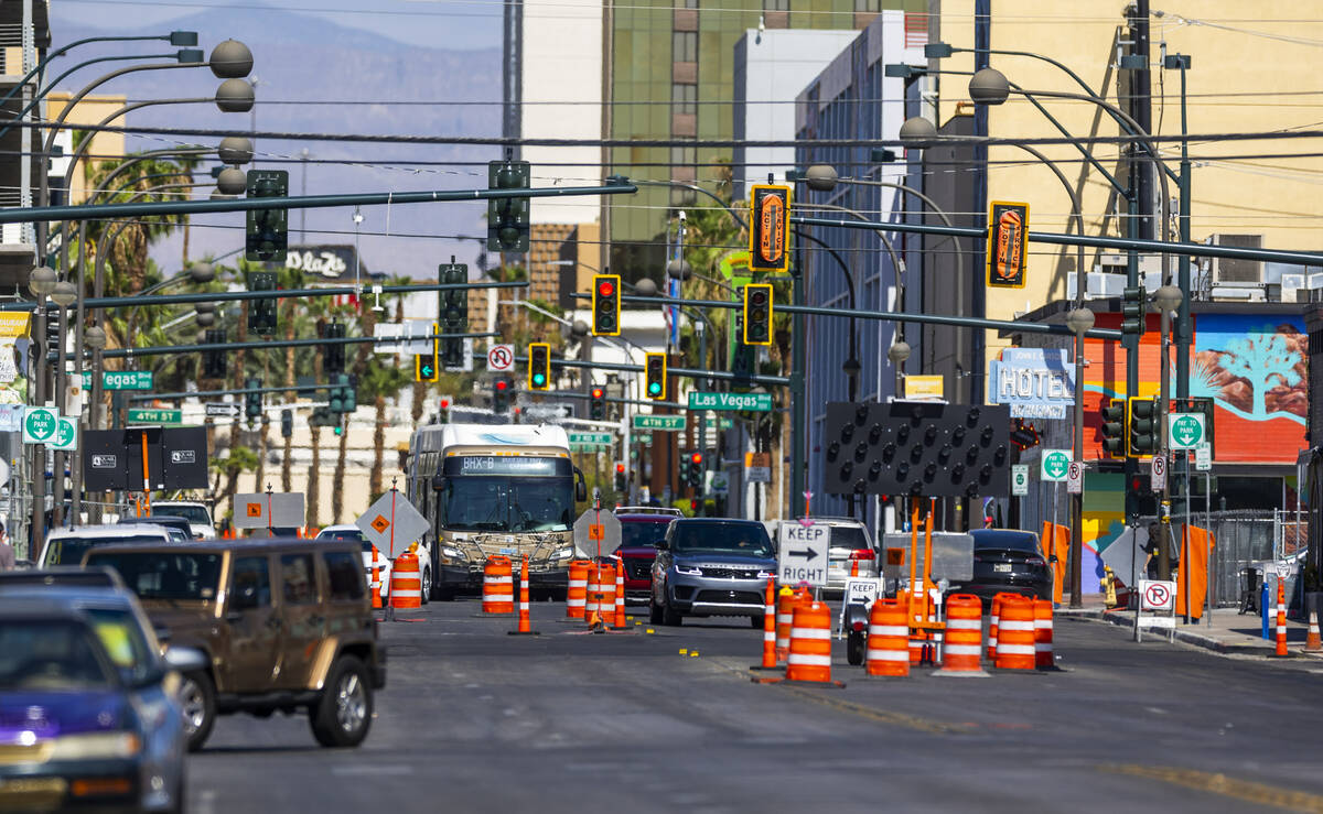 A bus makes its way eastbound on Carson Avenue as the $378 million Maryland Parkway Bus Rapid T ...