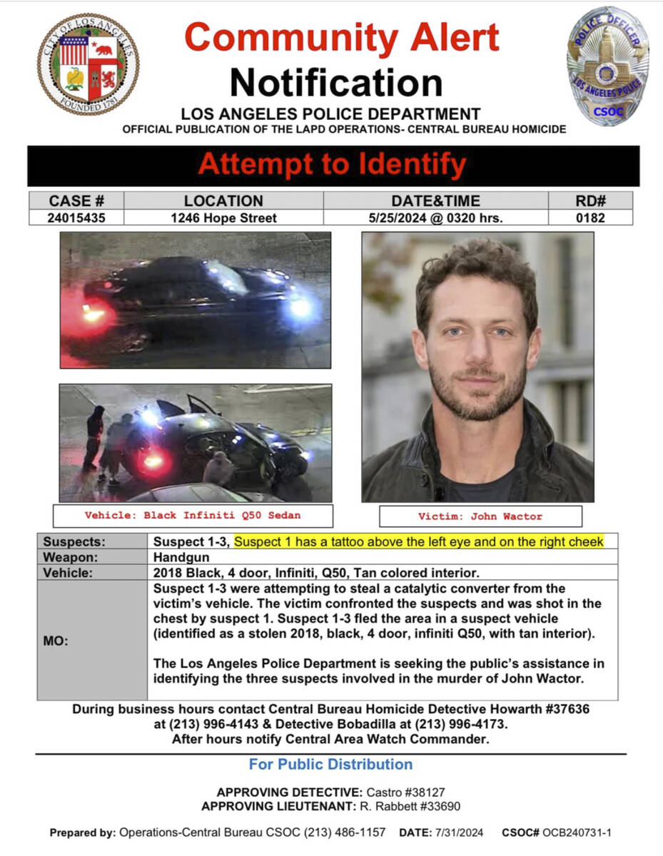 This notification provided by the Los Angeles Police Department shows images of three suspects ...