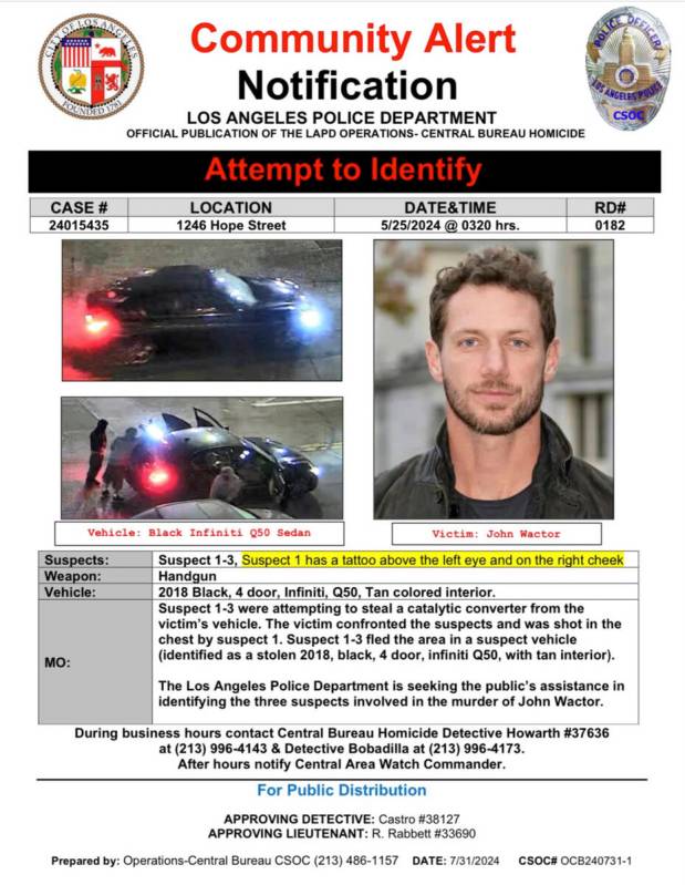 This notification provided by the Los Angeles Police Department shows images of three suspects ...