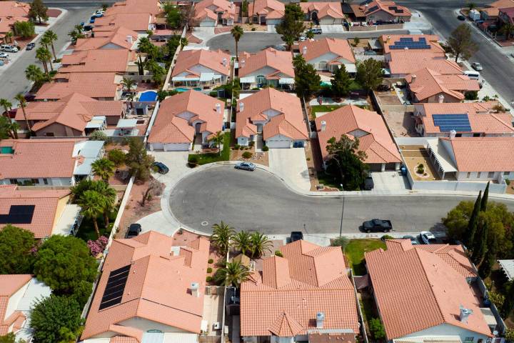 File - An aerial photo shows homes near Buffalo Drive, on Thursday, June 15, 2023, in Las Vegas ...