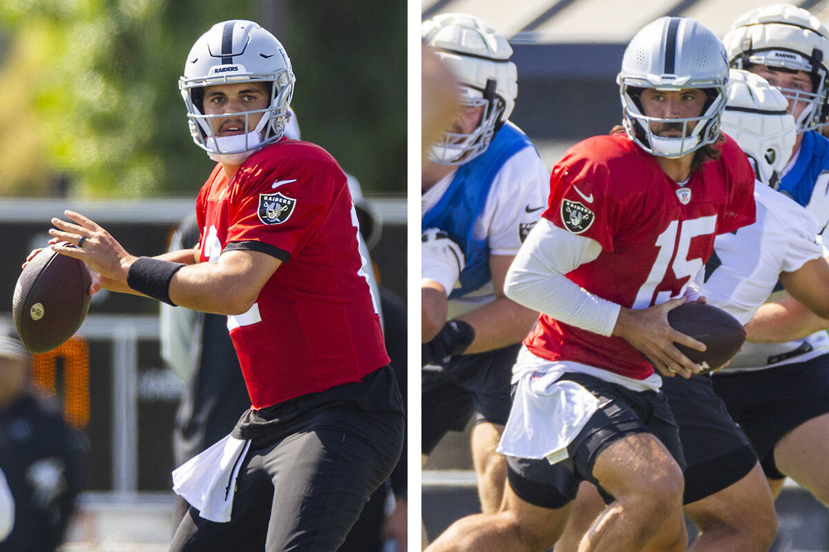 Raiders quarterbacks Aidan O'Connell, left, and Gardner Minshew work out on the third day of tr ...