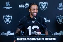 Raiders cornerback Jack Jones (18) laughs at a question during a media interview on the second ...