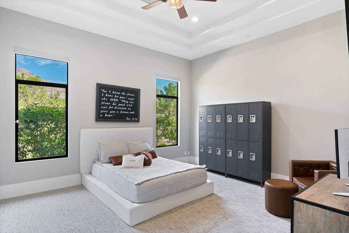 A guest bedroom in the Olympia Canyon Way estate. (Edgar Lara, DronePixel)