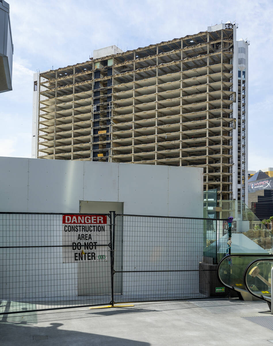 A pedestrian bridge near the MGM Grand is temporarily blocked off as the deconstruction of the ...