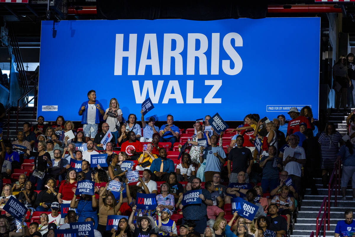 The crowd gets pumped up while dancing to music by DJ D-Nice as Vice President Kamala Harris an ...