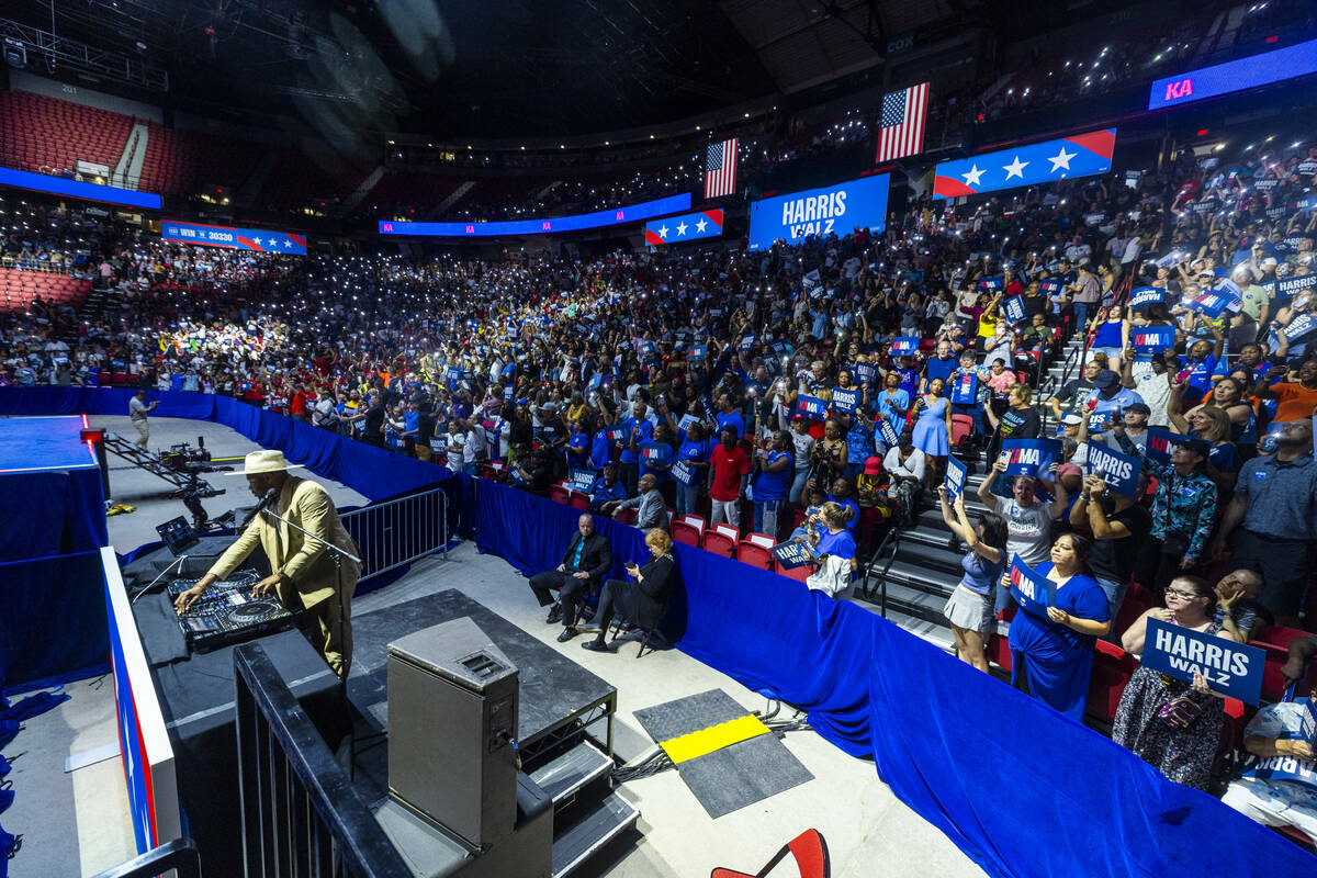 DJ D-Nice pumps up the crowd as Vice President Kamala Harris and her running mate, Minnesota Go ...