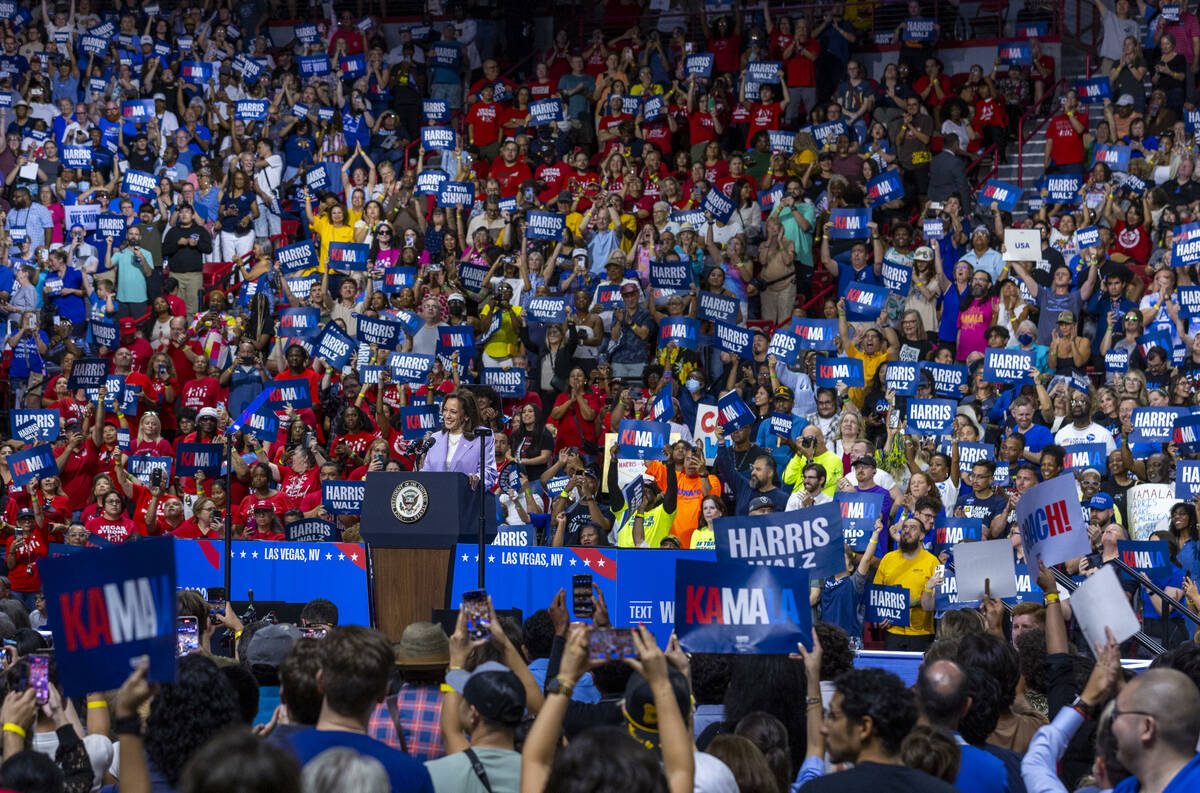 Vice President Kamala Harris speaks during a campaign rally at UNLV’s Thomas & Mack ...