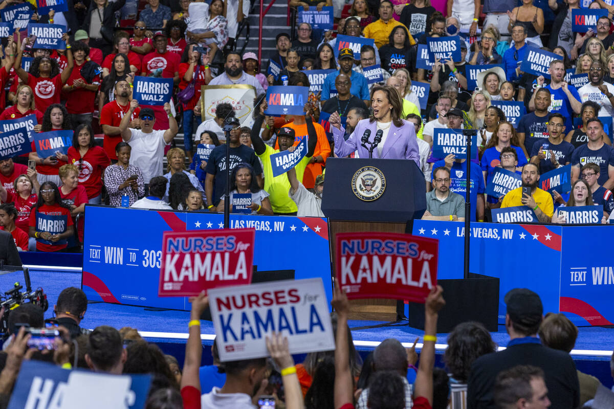 Vice President Kamala Harris speaks during a campaign rally at UNLV’s Thomas & Mack ...