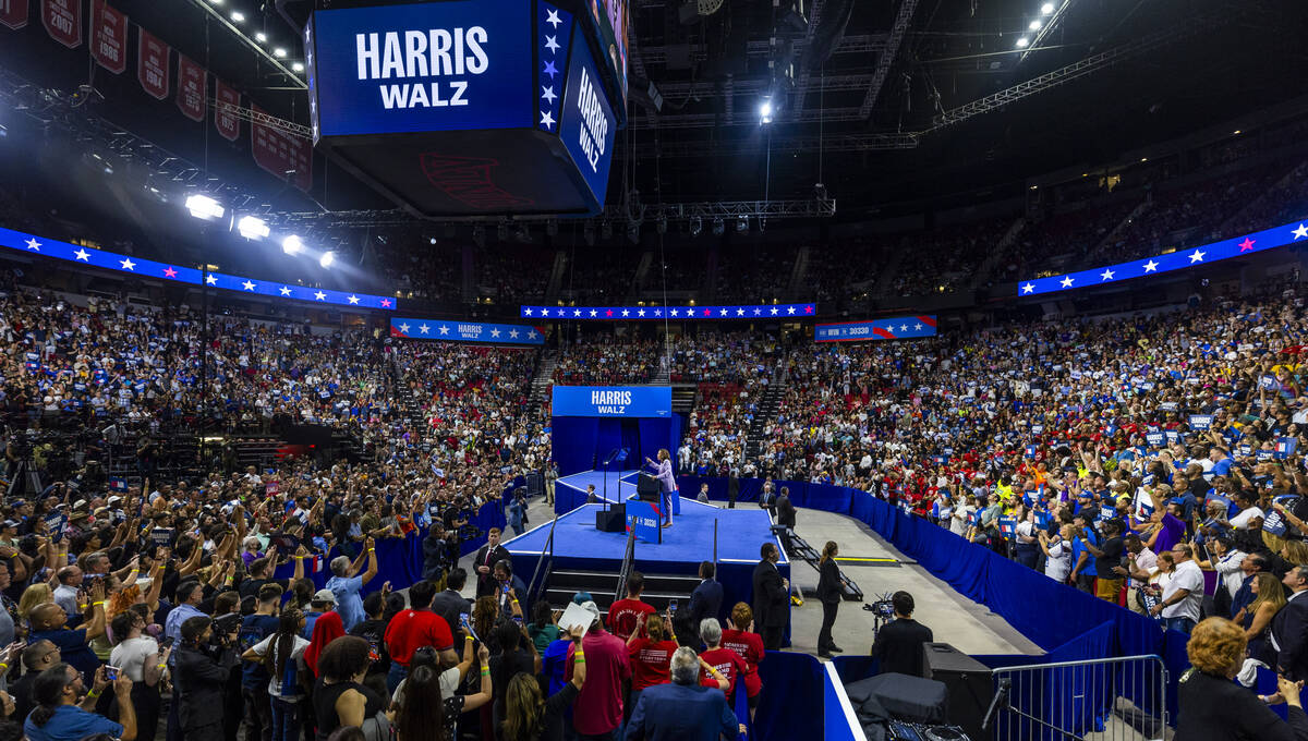 Vice President Kamala Harris speaks during a campaign rally at UNLV’s Thomas & Mack ...