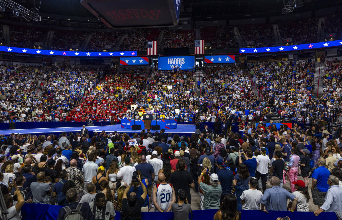 Vice President Kamala Harris speaks during a campaign rally at UNLV’s Thomas & Mack ...