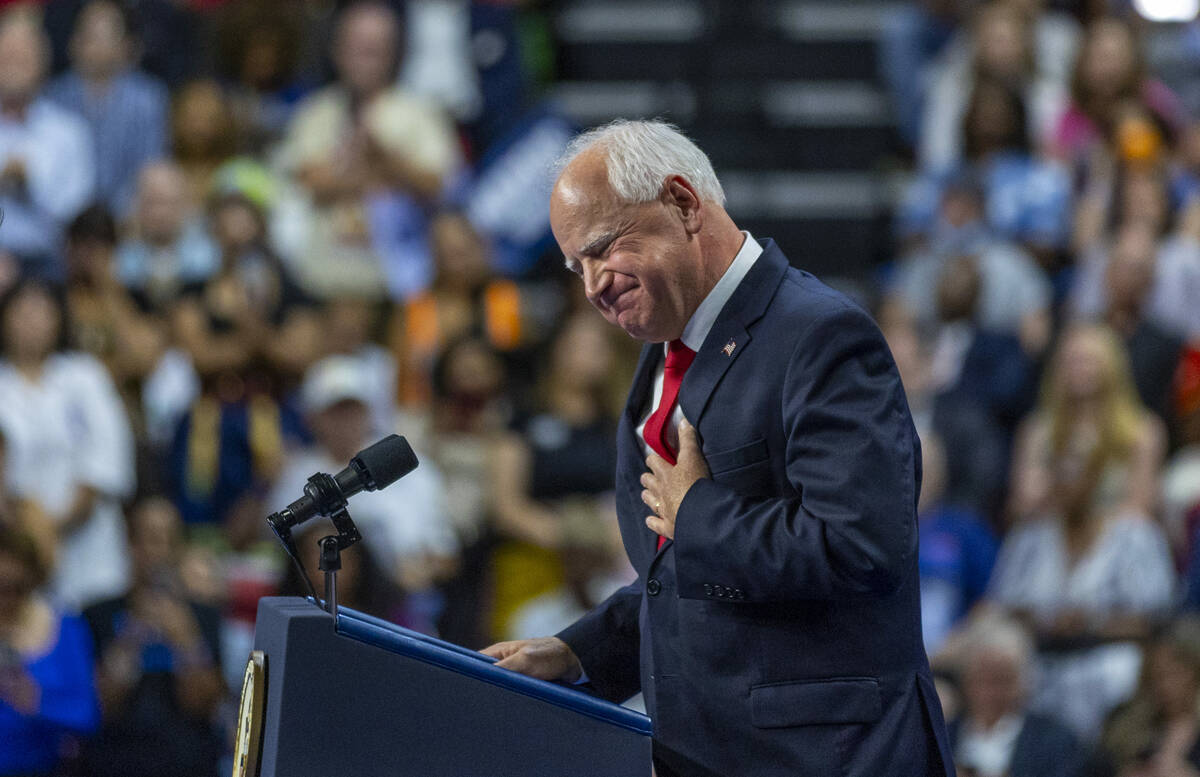 Minnesota Gov. Tim Walz speaks during a campaign rally at UNLV’s Thomas & Mack Cente ...