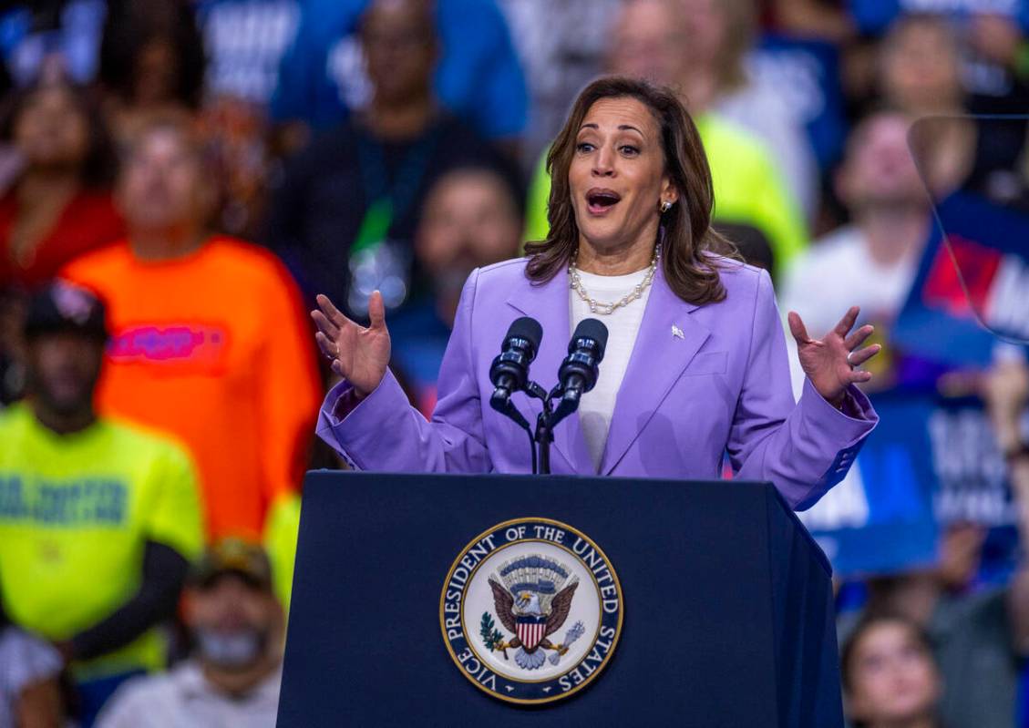 Vice President Kamala Harris speaks during a campaign rally at UNLV’s Thomas & Mack ...