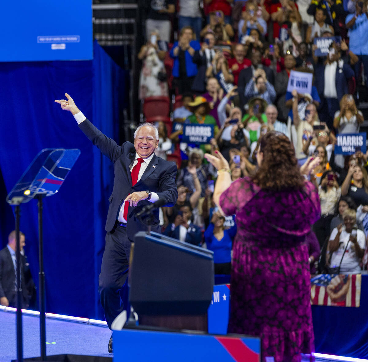 Minnesota Gov. Tim Walz, arrives on stage during a campaign rally at UNLV’s Thomas & ...