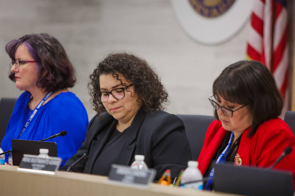 Clark County School District president Evelyn Garcia Morales listens to a presentation about th ...