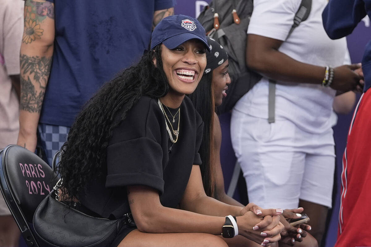 A'ja Wilson smiles after Azerbaijan women's 3x3 basketball team defeated China in their pool ro ...