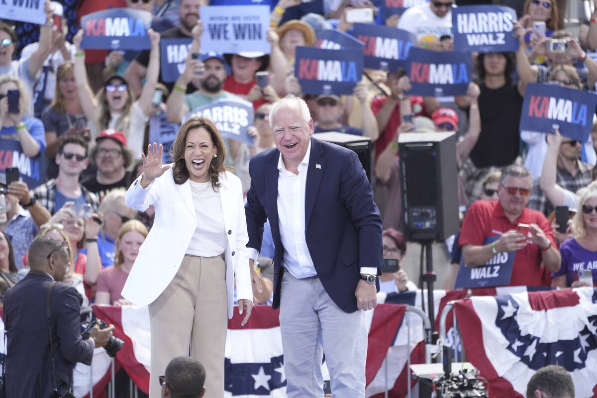 Democratic presidential nominee Vice President Kamala Harris is welcomed by Democratic vice pre ...