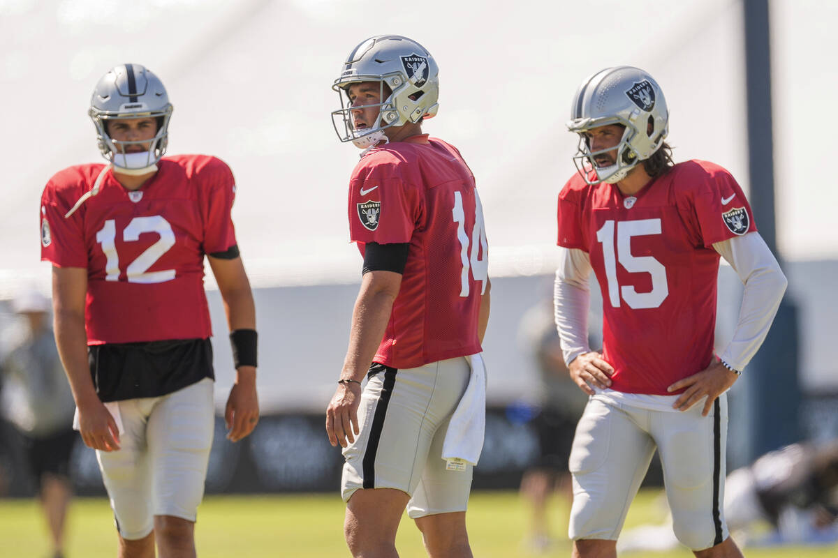 Las Vegas Raiders quarterbacks, Aidan O'Connell (12), Las Vegas Raiders quarterback Carter Brad ...