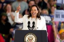 Democratic presidential nominee Vice President Kamala Harris speaks at a campaign rally Wednesd ...