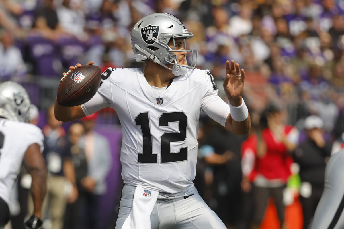 Las Vegas Raiders quarterback Aidan O'Connell (12) throws against the Minnesota Vikings during ...