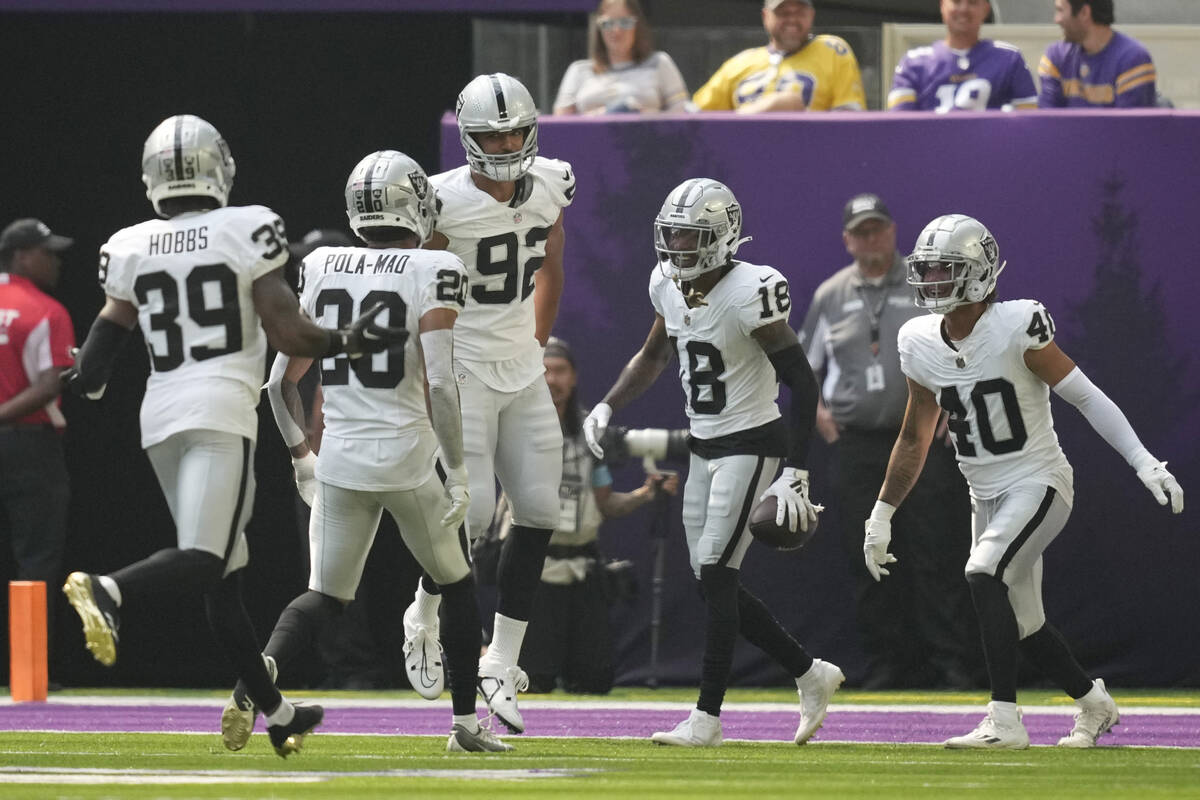 Las Vegas Raiders cornerback Jack Jones (18) celebrates with teammates after an interception ag ...