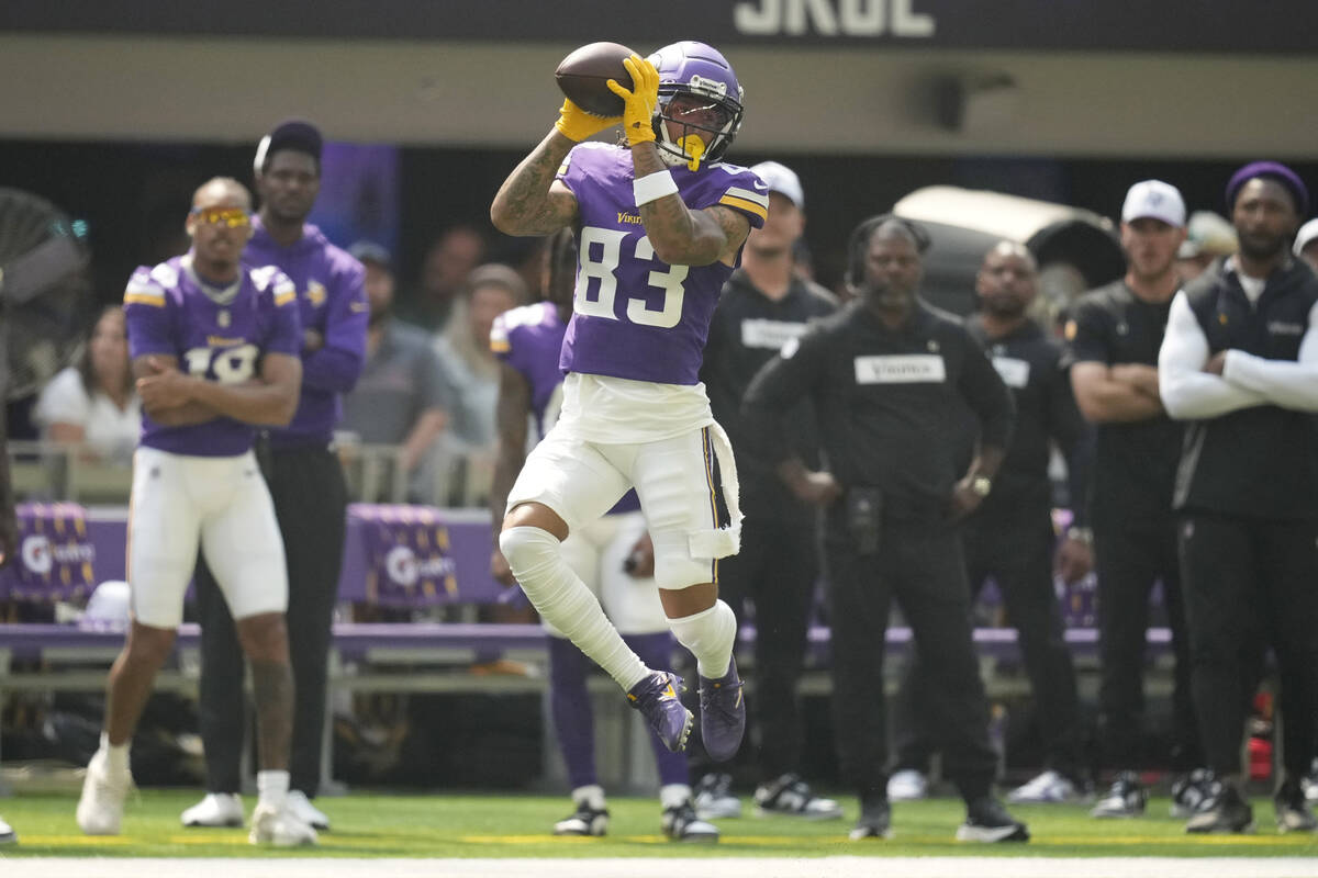 Minnesota Vikings wide receiver Jalen Nailor (83) makes a catch against the Las Vegas Raiders d ...