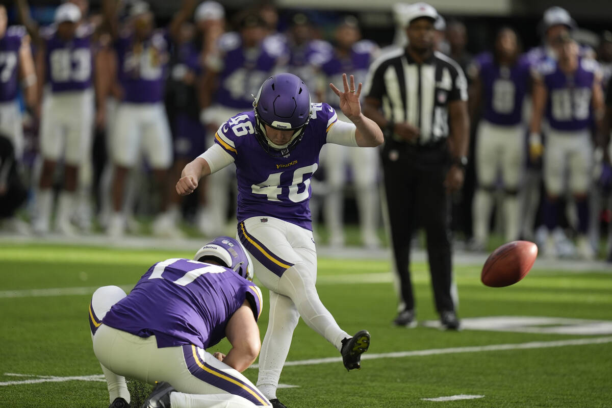 Minnesota Vikings kicker Will Reichard (46) kicks the game-winning field goal against the Las V ...