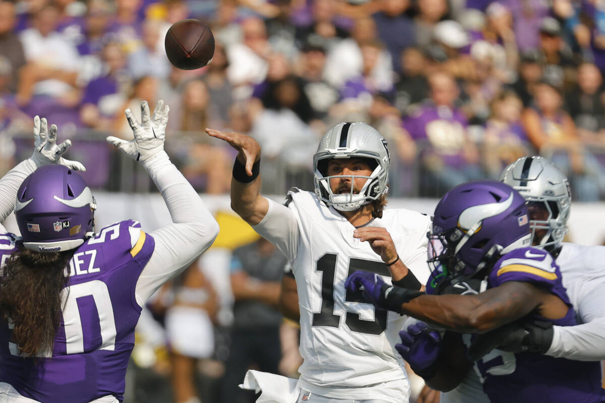 Las Vegas Raiders quarterback Gardner Minshew II (15) throws against the Minnesota Vikings duri ...