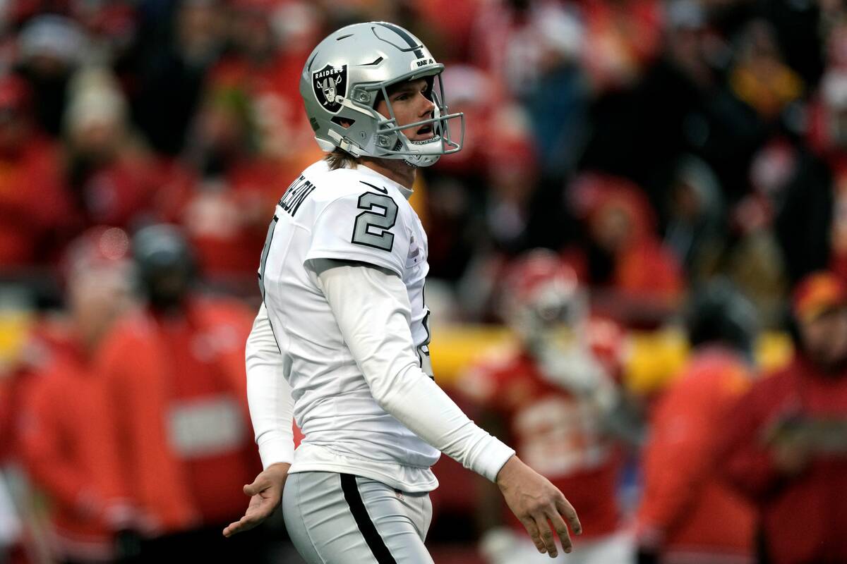 Las Vegas Raiders place kicker Daniel Carlson watches his 35-yard field goal during the second ...