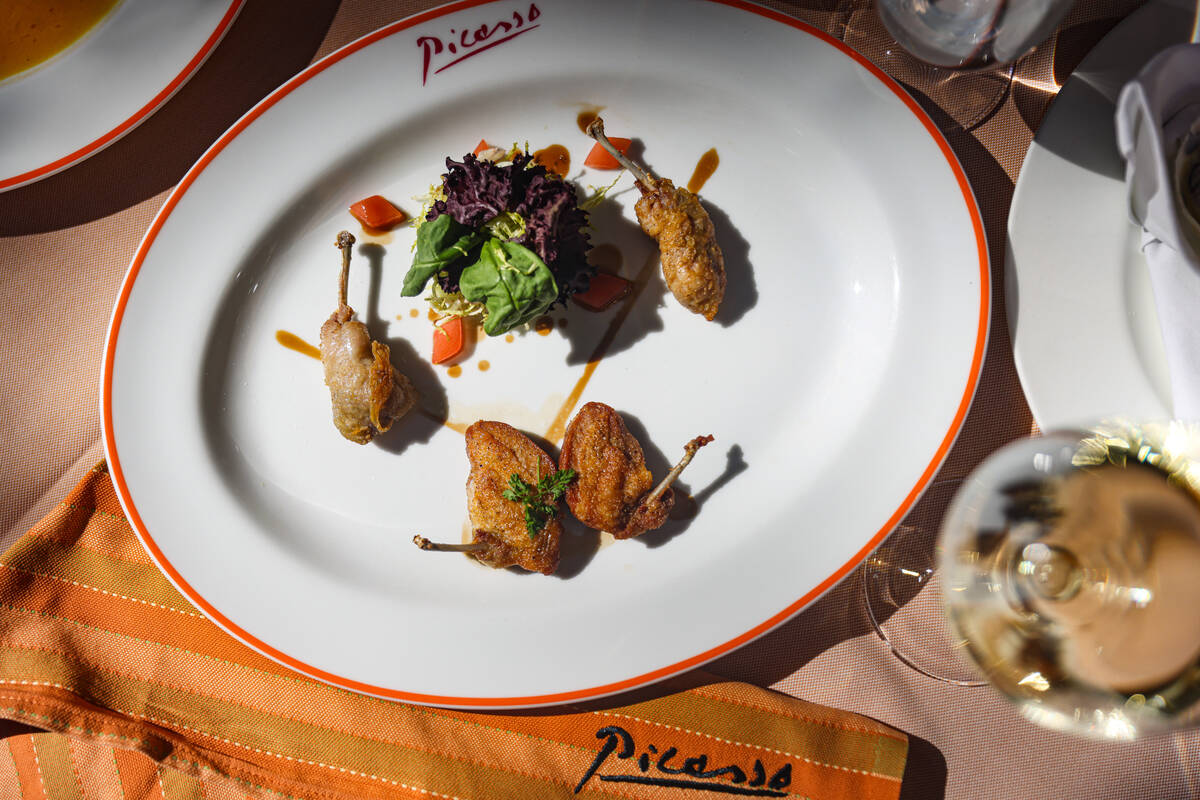 Warm quail salad at Picasso at the Bellagio hotel-casino in Las Vegas, Thursday, Aug. 15, 2024. ...