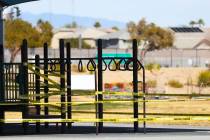 A playground is taped off at an event to showcase the hybrid instructional model for Pre-K to 3 ...