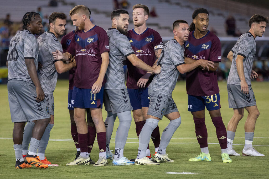 Members of the Las Vegas Lights FC and the Detroit City FC wait for a corner kick during a USL ...