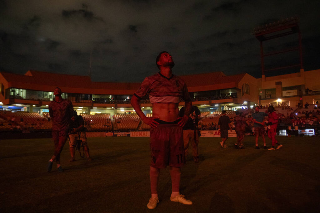 Las Vegas Lights FC forward Christian Pinzon (11) watches the firework show after a USL Champio ...