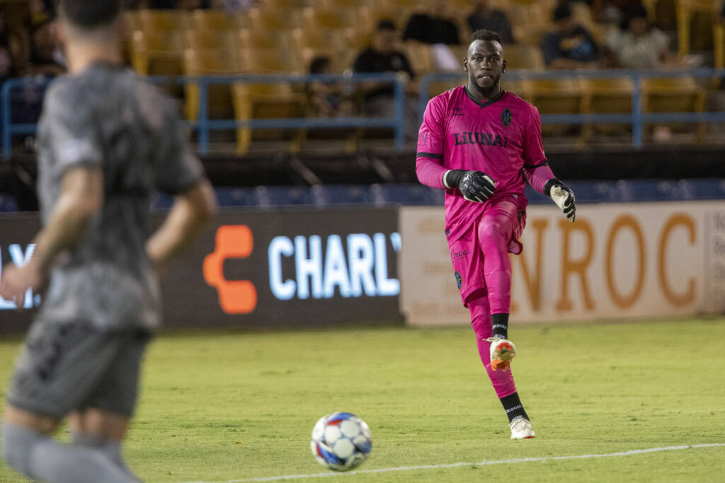 Las Vegas Lights FC goalkeeper Raiko Arozarena (56) passes the ball during a USL Championship s ...