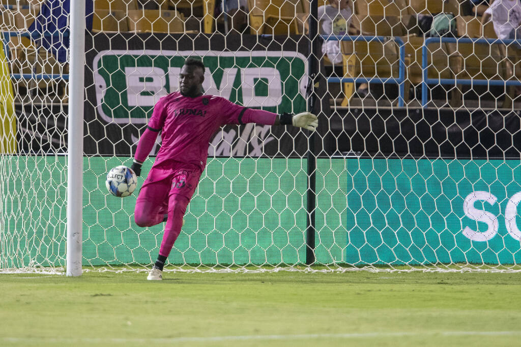 Las Vegas Lights FC goalkeeper Raiko Arozarena (56) punts the ball after allowing a goal during ...