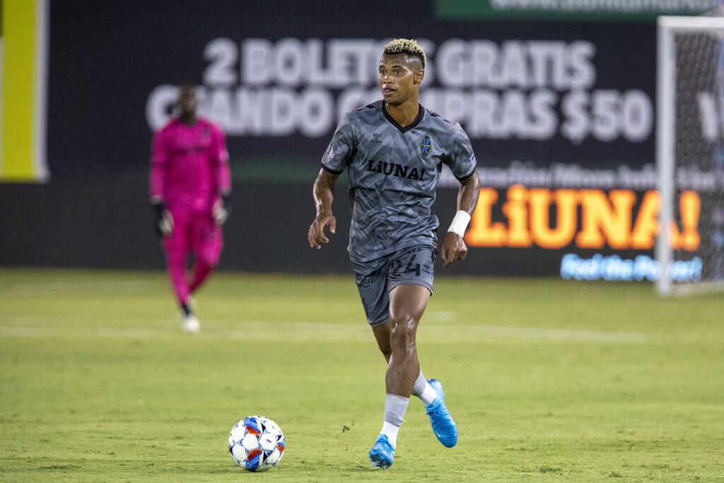 Las Vegas Lights FC defender Maliek Howell (24) competes during a USL Championship soccer game ...