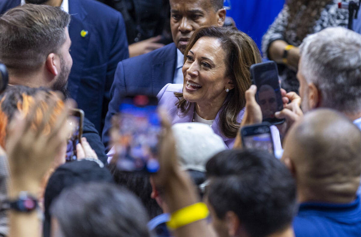 Vice President Kamala Harris greets supporters following a campaign rally at UNLV’s Thom ...